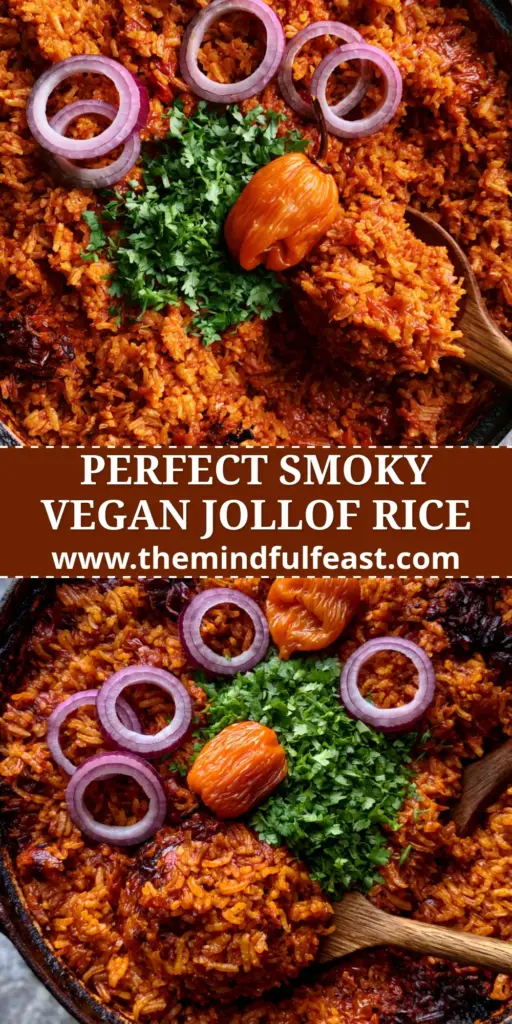 Vegan Jollof Rice: The Ultimate Guide to Smoky, Party-Style Results 4 A top-down view of a black Dutch oven filled with vibrant, deep orange-red vegan jollof rice, garnished with red onions, cilantro, and a whole habanero.