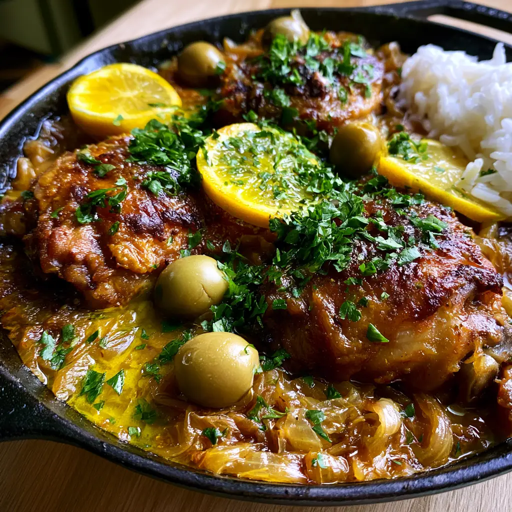 Poulet Yassa: Authentic Senegalese Chicken with Jammy Onions and Mustard 1 Side view of a cast iron skillet with Poulet Yassa showing the vibrant yellow mustard sauce and fresh parsley garnish.