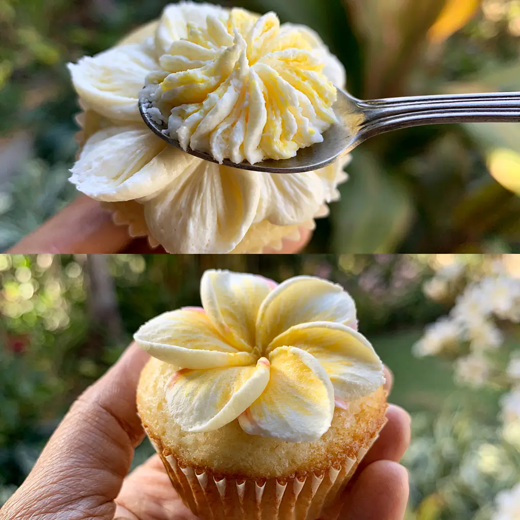 Plumeria Cupcakes: How to Craft Realistic Tropical Buttercream Flowers 2 Split screen showing the spoon-press technique and the finished plumeria cupcakes on a golden sponge base. (plumeria cupcakes)
