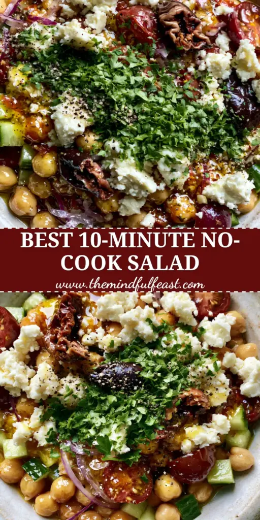 Greek Chickpea Salad: The Ultimate 10-Minute Mediterranean Refresh 3 Overhead shot of a vibrant greek chickpea salad in a rustic white bowl with glossy chickpeas, feta crumbles, and red onion slivers.