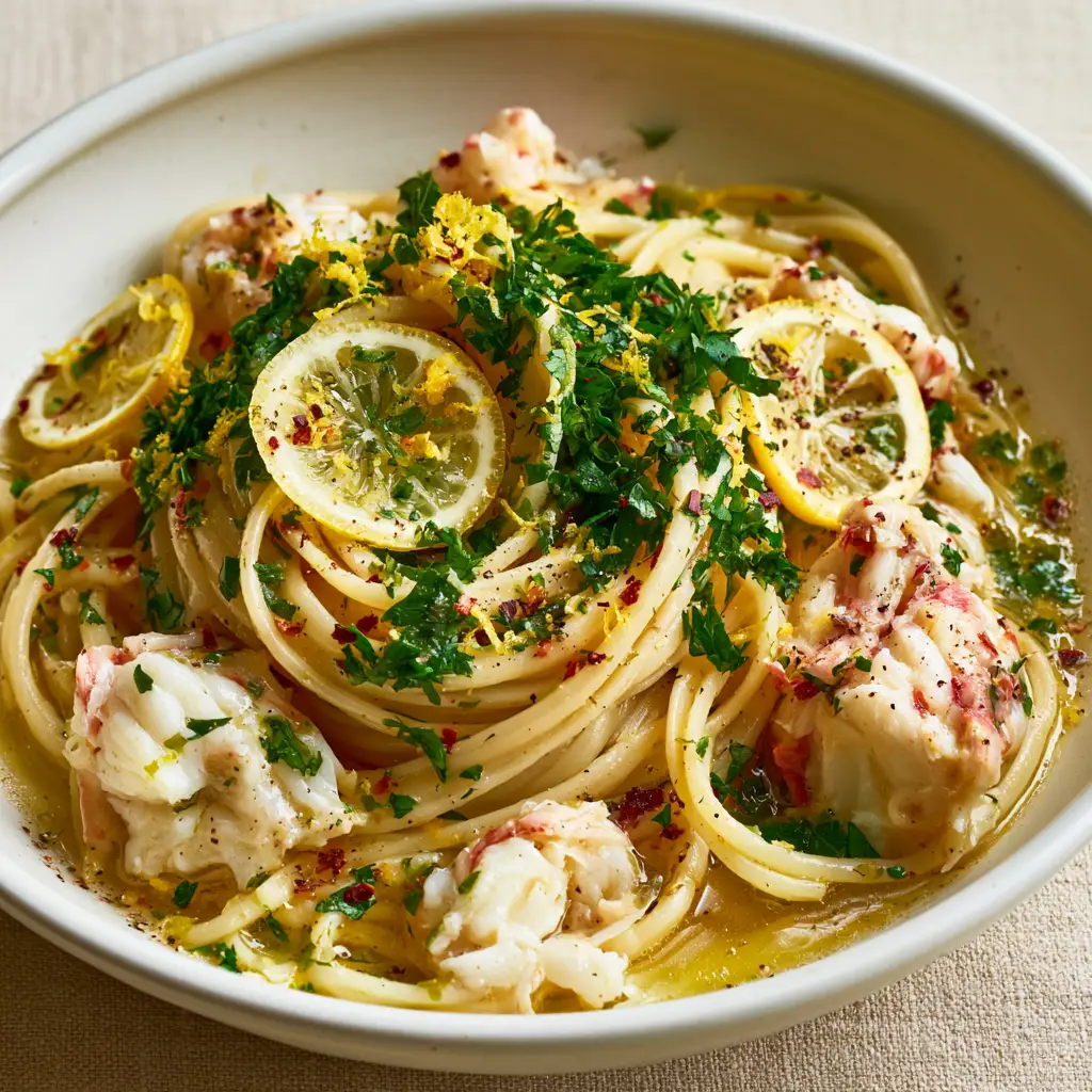 Crab Linguine with Jumbo Lump Crab and Glossy Lemon Garlic Butter 2 Macro shot of Crab Linguine featuring al dente pasta, succulent white crab meat, and bright lemon zest in an off-white bowl. (Crab Linguine)
