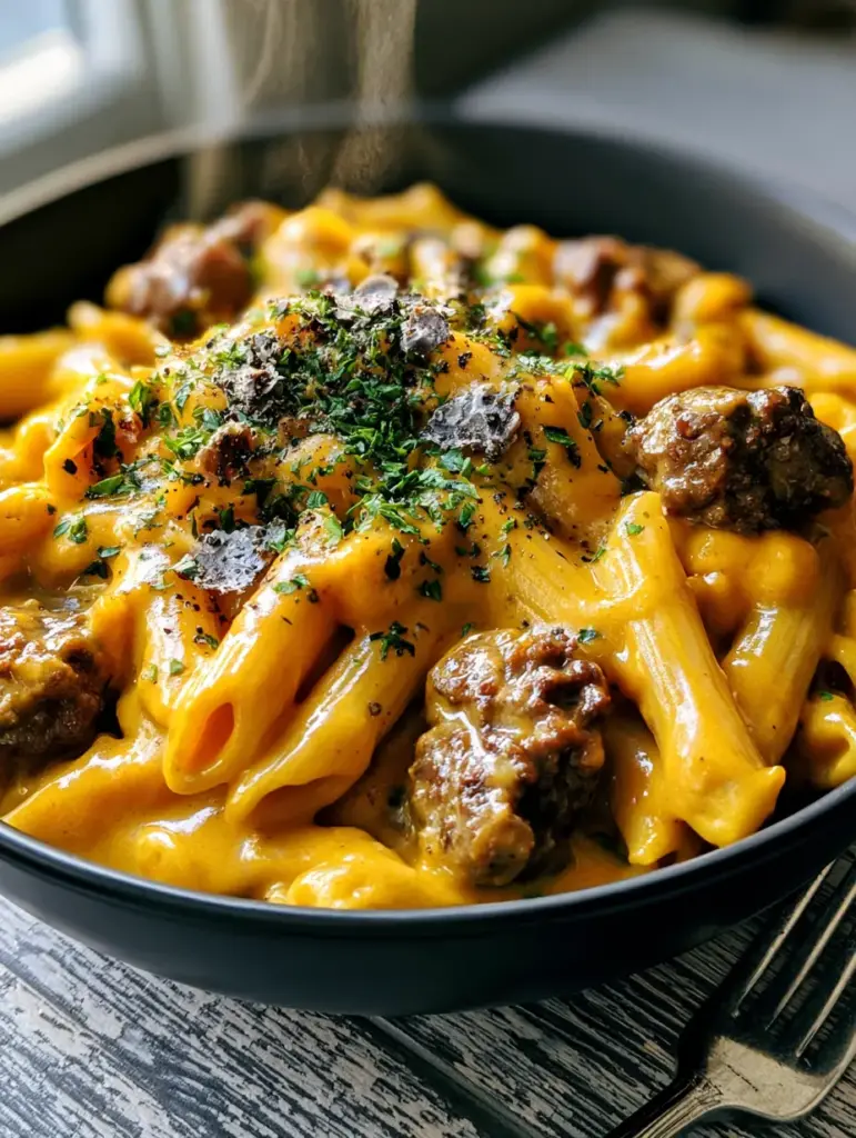 Cheesy Ground Beef Pasta: The Ultimate One-Pot Creamy Comfort Recipe 2 Overhead view of penne pasta smothered in vibrant orange-gold cheddar sauce with beef crumbles. (cheesy ground beef pasta)
