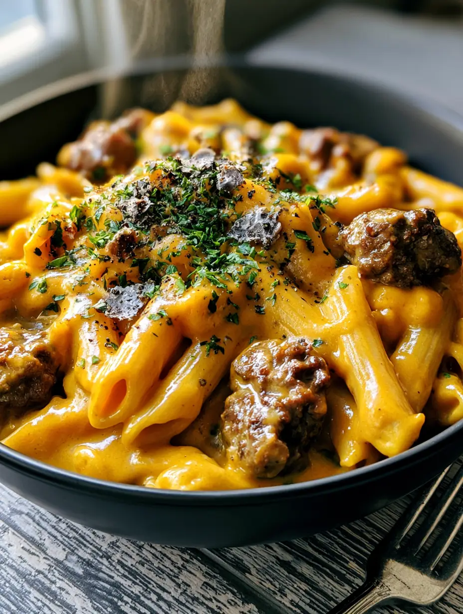 Cheesy Ground Beef Pasta: The Ultimate One-Pot Creamy Comfort Recipe 3 Overhead view of penne pasta smothered in vibrant orange-gold cheddar sauce with beef crumbles. (cheesy ground beef pasta)