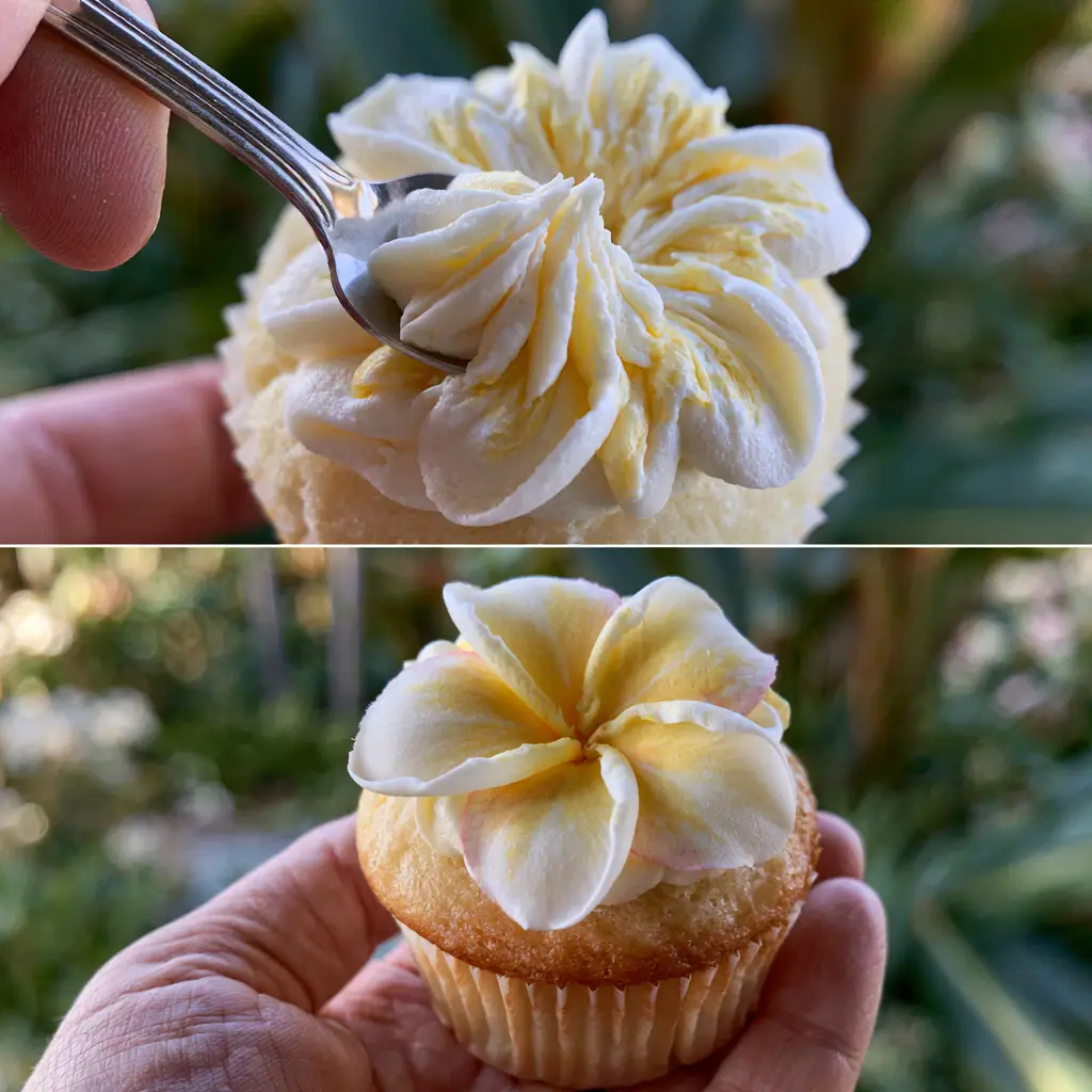 Plumeria Cupcakes: How to Craft Realistic Tropical Buttercream Flowers 1 Overhead view of a spoon shaping a yellow and white buttercream petal on a golden vanilla cupcake. (plumeria cupcakes)