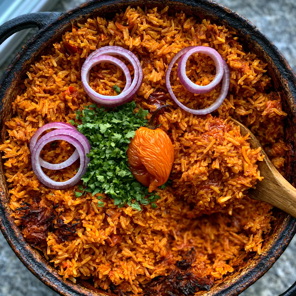 Vegan Jollof Rice: The Ultimate Guide to Smoky, Party-Style Results 2 Close-up of fluffy long-grain vegan jollof rice with charred bits and fresh cilantro garnish in a black pot.