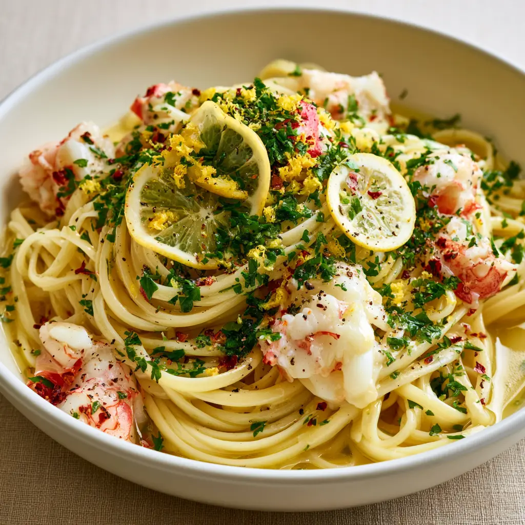 Crab Linguine with Jumbo Lump Crab and Glossy Lemon Garlic Butter 1 Eye-level view of Crab Linguine drenched in translucent golden garlic butter sauce with red chili flakes and lemon slices. (Crab Linguine)