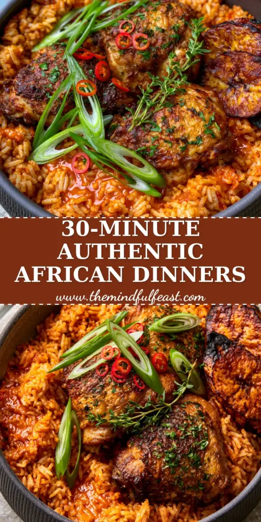 African Food Recipes: Authentic West African Jollof Rice with Seared Crispy Chicken 4 A vibrant bowl of West African Jollof rice topped with crispy chicken and caramelized plantains. (African food recipes)