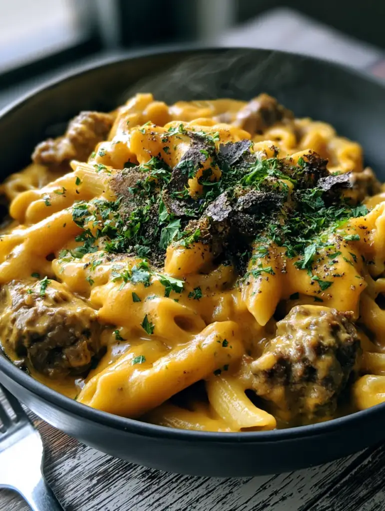 Cheesy Ground Beef Pasta: The Ultimate One-Pot Creamy Comfort Recipe 1 Detailed shot of seared ground beef and al dente penne in a rich cheese sauce with cracked pepper garnish.