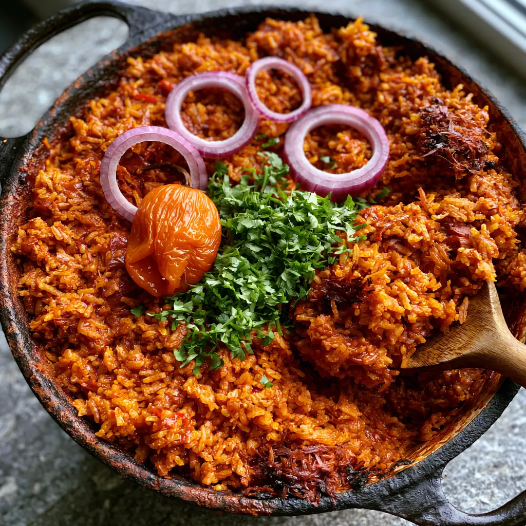 Vegan Jollof Rice: The Ultimate Guide to Smoky, Party-Style Results 1 A wooden spoon lifting a scoop of orange-red vegan jollof rice from a rustic Dutch oven.