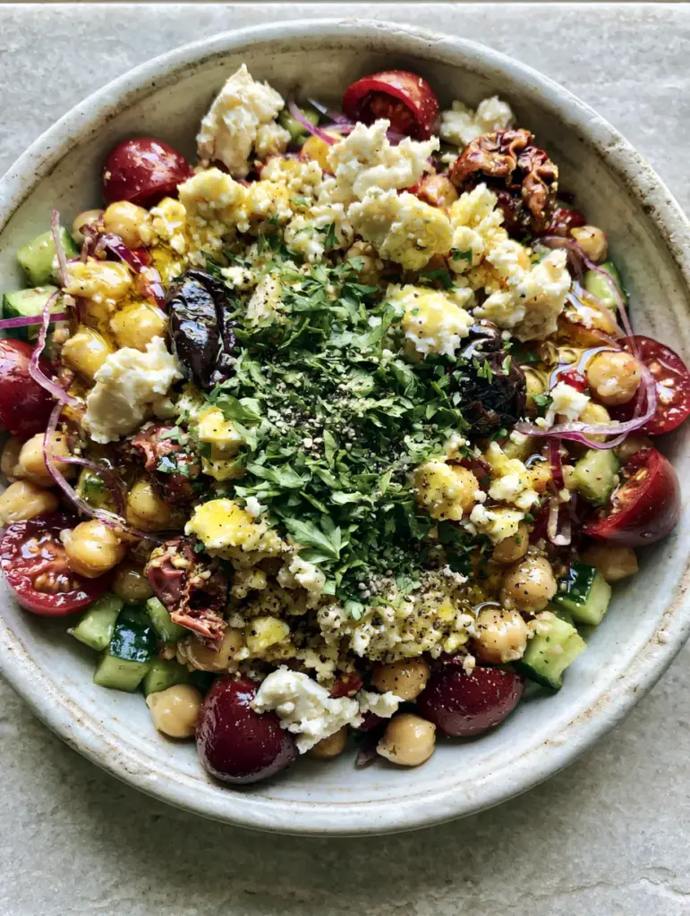 Greek Chickpea Salad: The Ultimate 10-Minute Mediterranean Refresh 1 Close up of glossy chickpeas and wrinkled Kalamata olives in a greek chickpea salad with fresh parsley garnish.