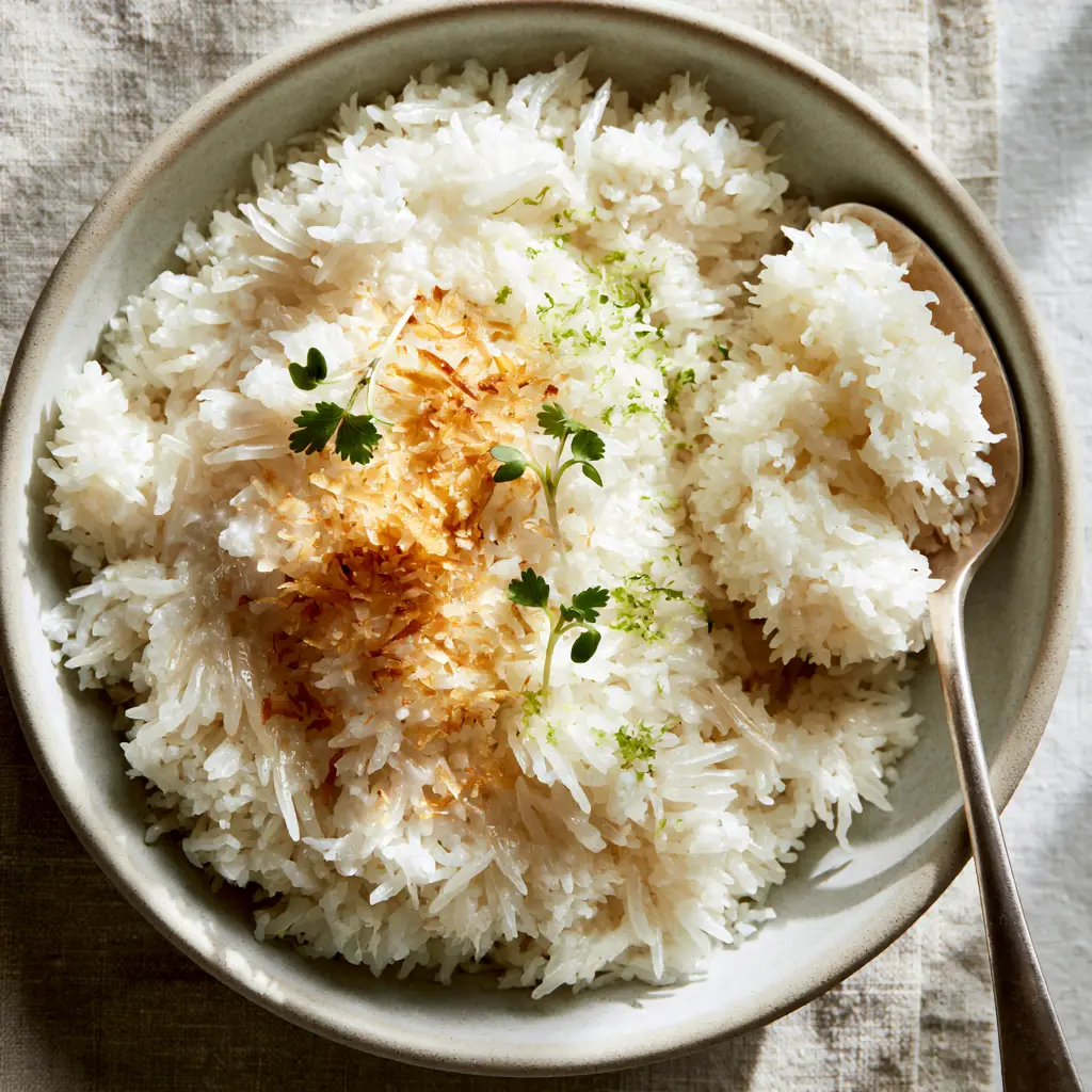 Coconut Rice recipe: The Secret to Fluffy, Fragrant Jasmine Grains 2 Top-down extreme close-up of pearlescent jasmine rice grains in a Coconut Rice recipe showing distinct, airy texture.