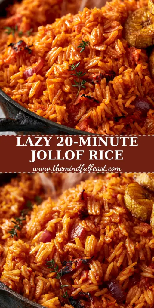 A close-up of vibrant Jollof rice with glistening grains and caramelized plantains in a cast iron pot. (easy African dinner recipes)