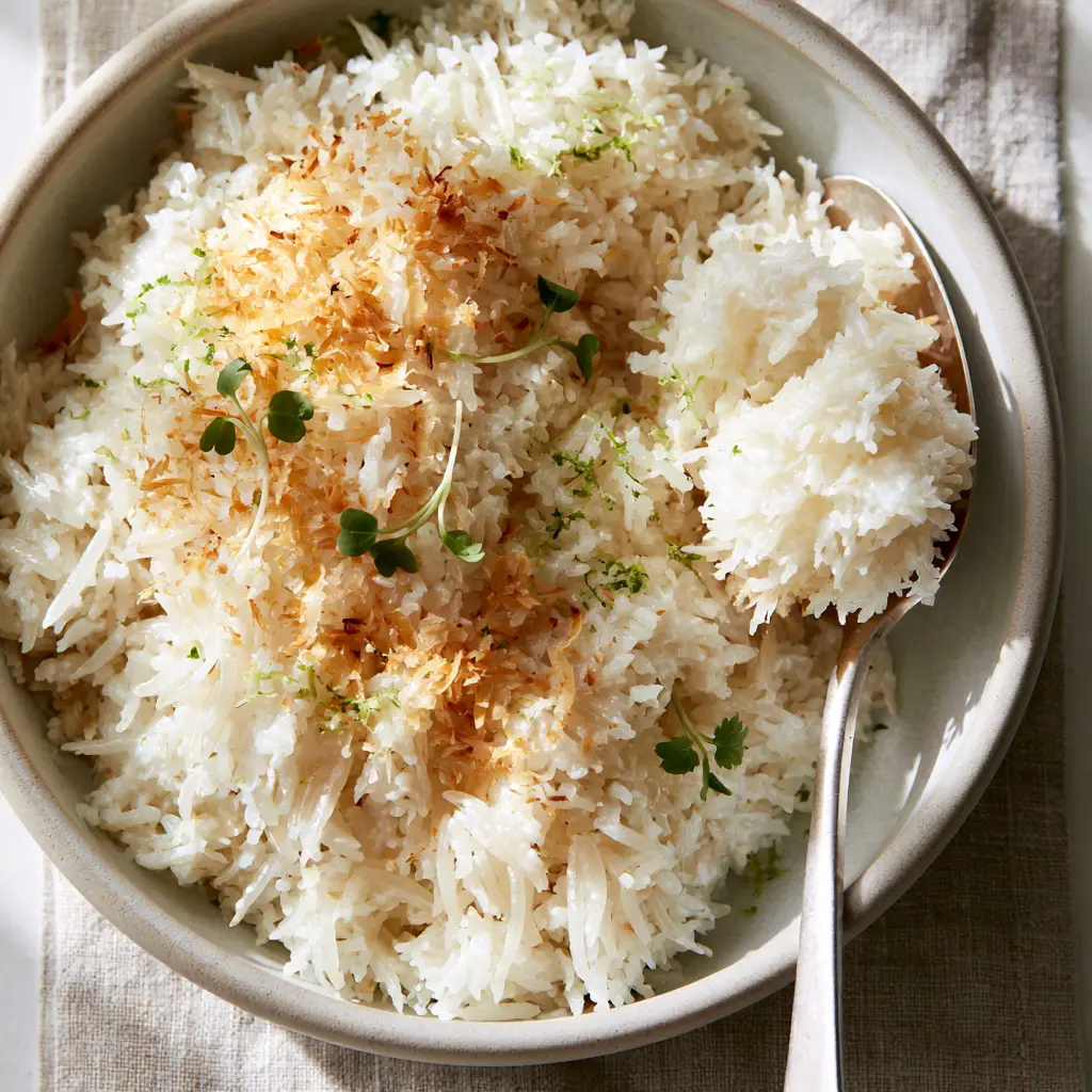 Coconut Rice recipe: The Secret to Fluffy, Fragrant Jasmine Grains 1 A silver spoon lifting a fluffy heap of rice from a matte ceramic bowl, highlighting the Coconut Rice recipe's light texture.