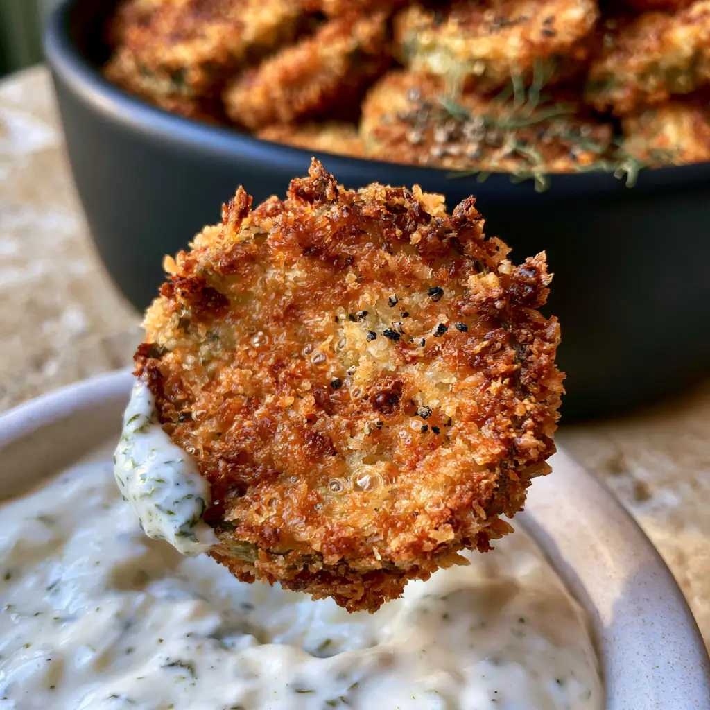 Dill Pickle Chips: The Ultimate Shatter-Crisp Parmesan and Panko Appetizer 1 Golden-brown Dill Pickle Chips piled high in a matte black bowl garnished with dried dill and black pepper.