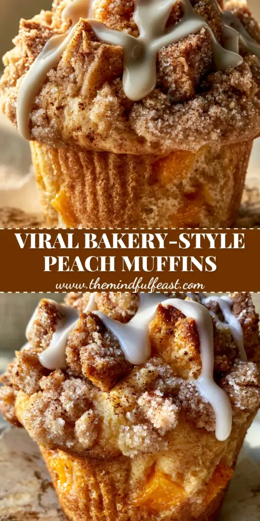 Peach Cobbler Muffins with Thick Buttery Cinnamon Streusel 4 A tall bakery-style peach cobbler muffin with heavy cinnamon streusel and a thick white vanilla glaze on parchment paper. (peach cobbler muffins)