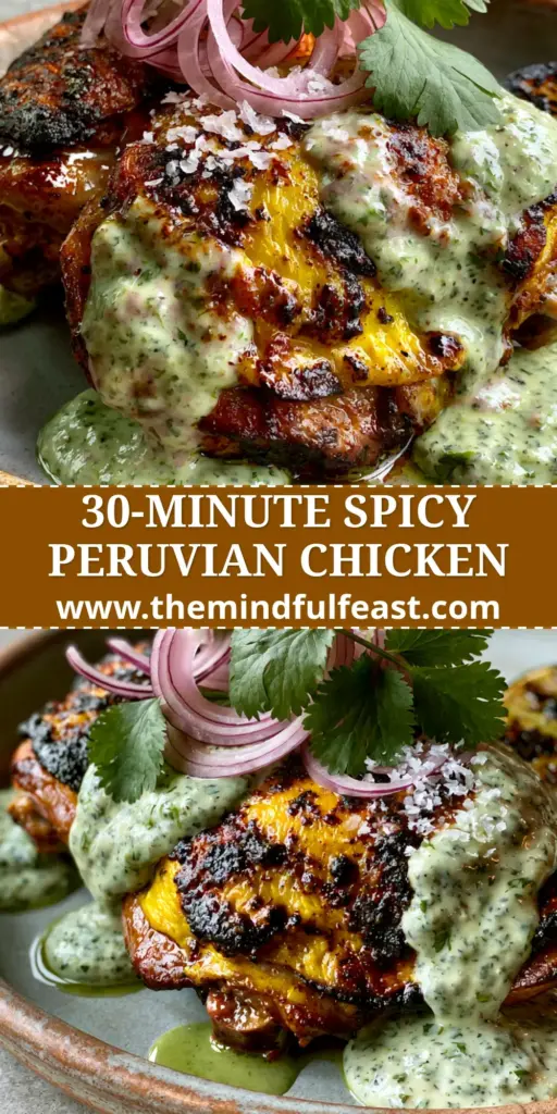 Spicy Peruvian Amarillo Chicken with Creamy Aji Verde Sauce 4 A close-up shot of Spicy Peruvian Amarillo Chicken on a rustic plate, featuring golden-orange charred skin and creamy aji verde sauce.