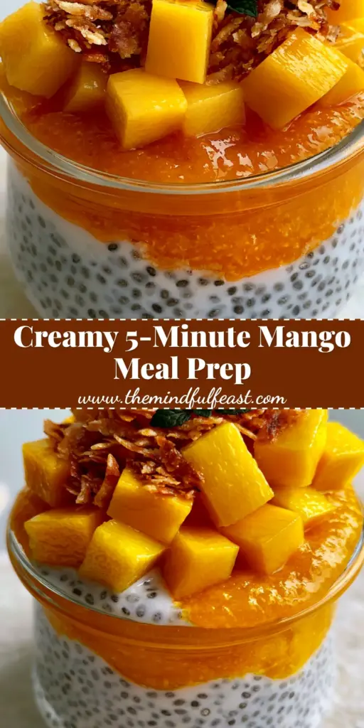 A sleek glass jar filled with layered Mango Chia Pudding, featuring white coconut chia seeds, orange mango puree, and fresh yellow mango cubes. (Mango Chia Pudding)