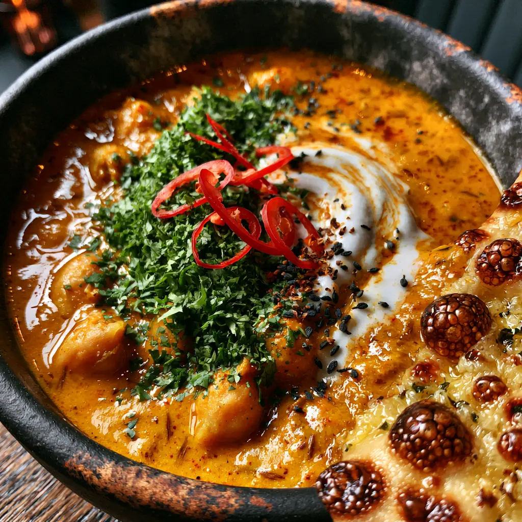 Close-up of bubbly charred garlic naan dipped into a glossy orange Indian food chickpea curry.