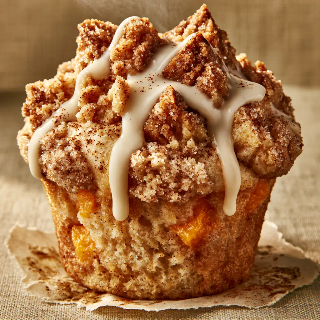 Peach Cobbler Muffins with Thick Buttery Cinnamon Streusel 2 Macro close-up of a peach cobbler muffin showing juicy orange peach chunks and glistening sugar crystals. (peach cobbler muffins)