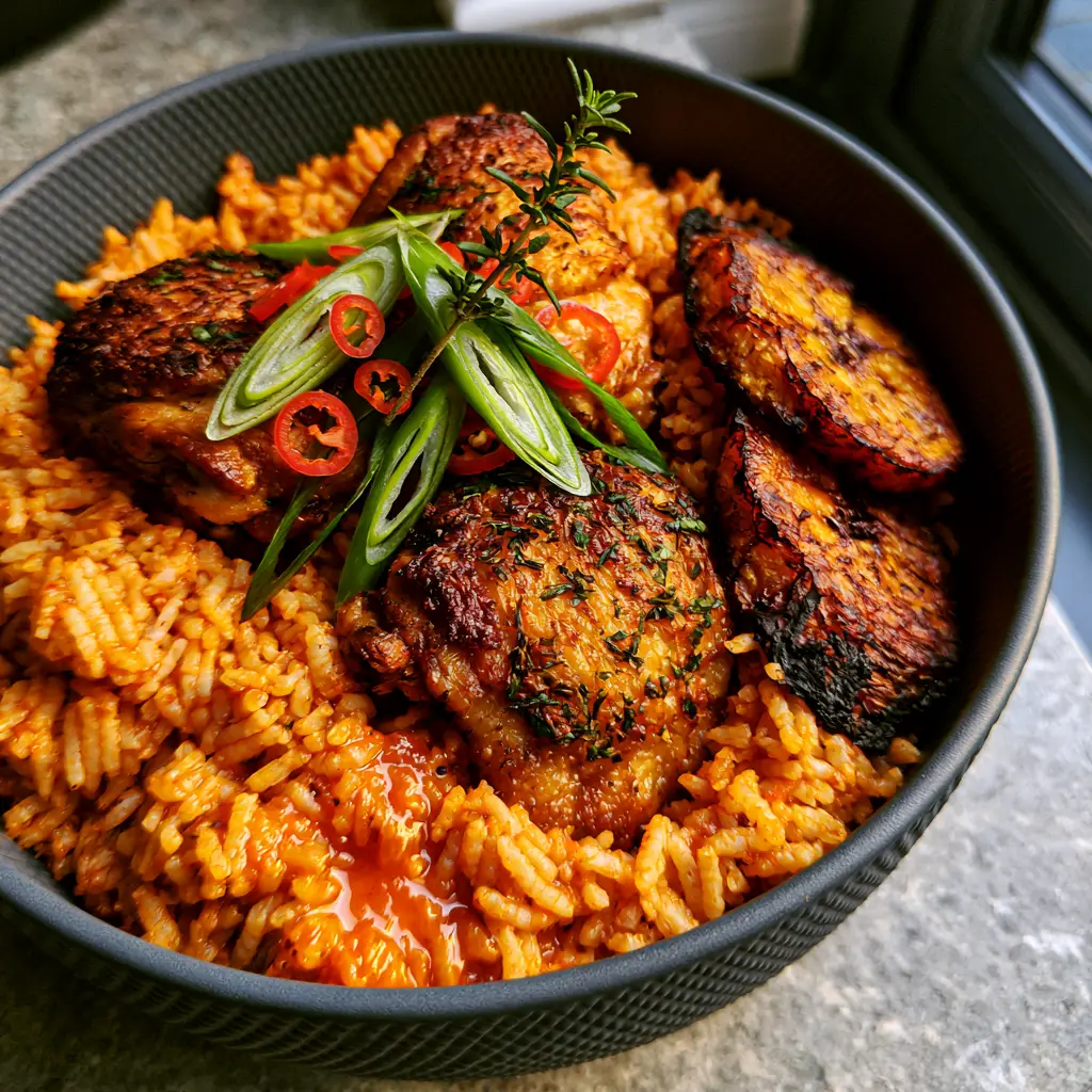 African Food Recipes: Authentic West African Jollof Rice with Seared Crispy Chicken 2 Close-up of glossy orange-red Jollof rice with herb-flecked chicken thighs and scallions. (African food recipes)