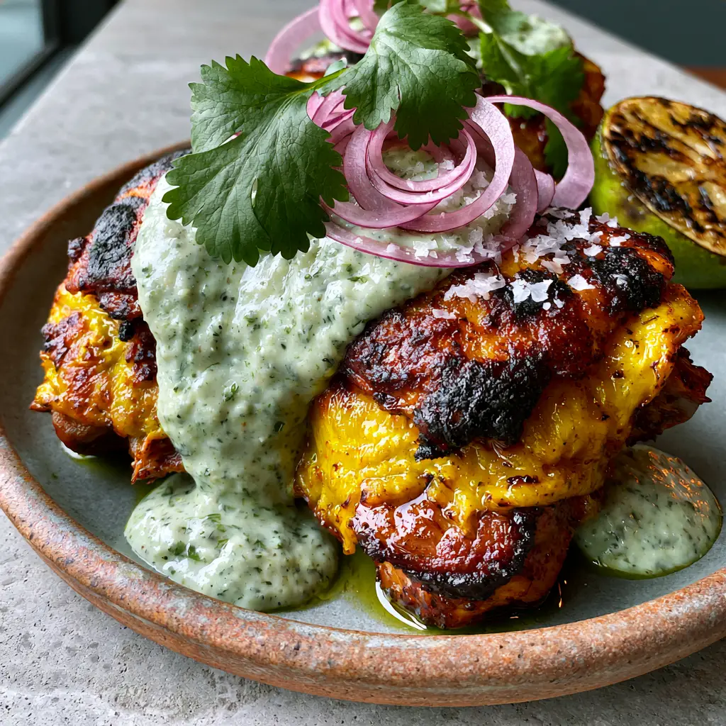 Spicy Peruvian Amarillo Chicken with Creamy Aji Verde Sauce 2 Smartphone photo of seared bone-in chicken thighs with golden-yellow charred skin and pale-green herb sauce on a gray stone surface. (Spicy Peruvian Amarillo Chicken)
