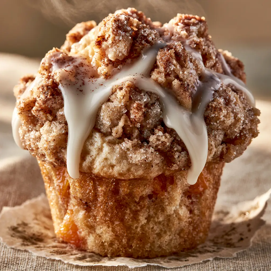 Peach Cobbler Muffins with Thick Buttery Cinnamon Streusel 1 A close-up of thick vanilla icing pooling in the jagged crevices of a cinnamon streusel muffin topping. (peach cobbler muffins)