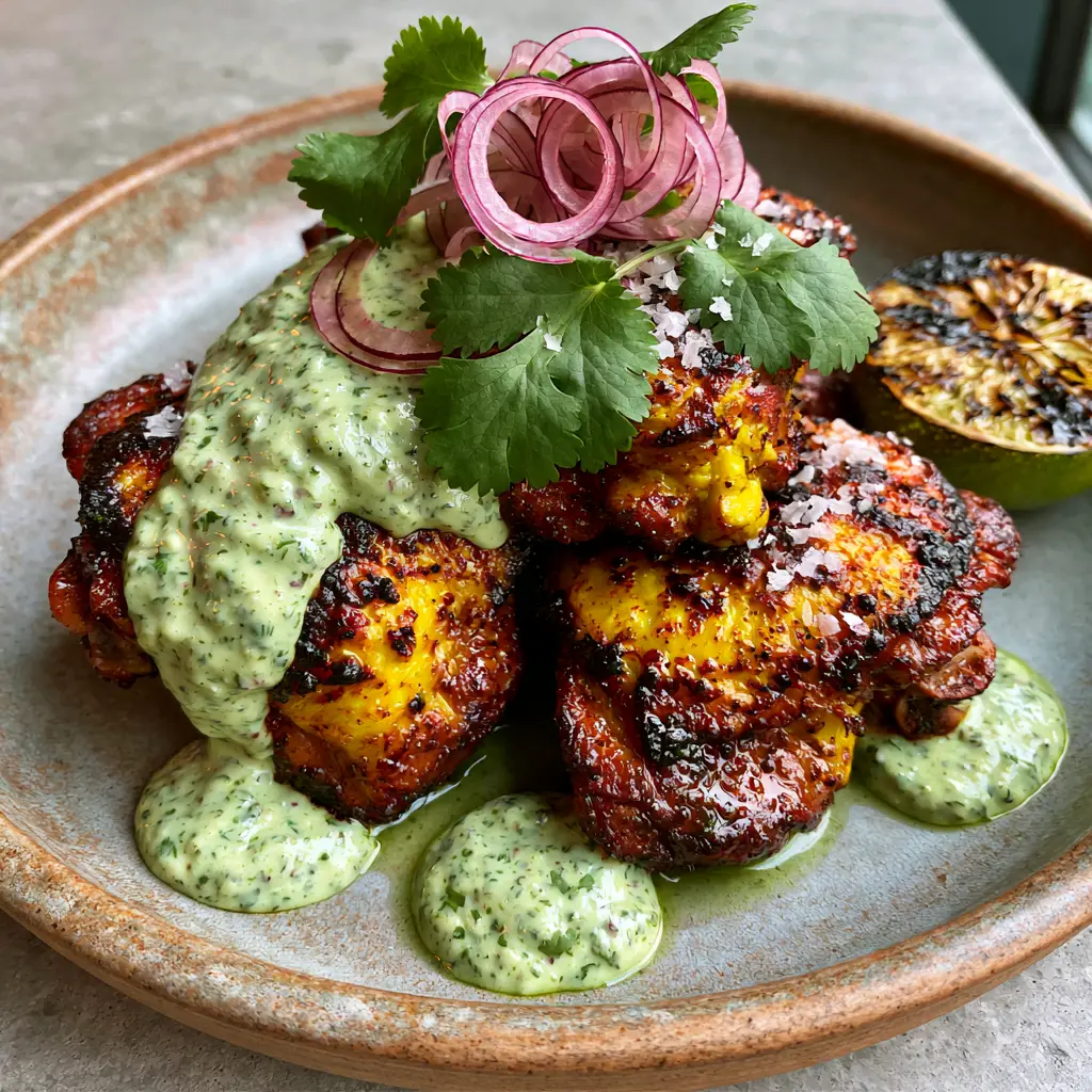 Spicy Peruvian Amarillo Chicken with Creamy Aji Verde Sauce 1 Dynamic 45-degree angle close-up of Spicy Peruvian Amarillo Chicken with paper-thin red onion curls and charred lime.
