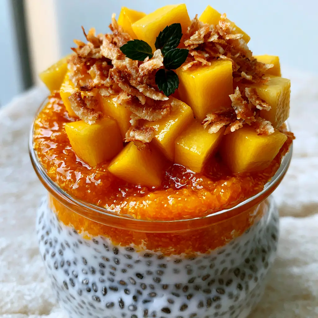 Sleek glass jar of Mango Chia Pudding with toasted golden coconut flakes and fresh mint leaves on a stone background.