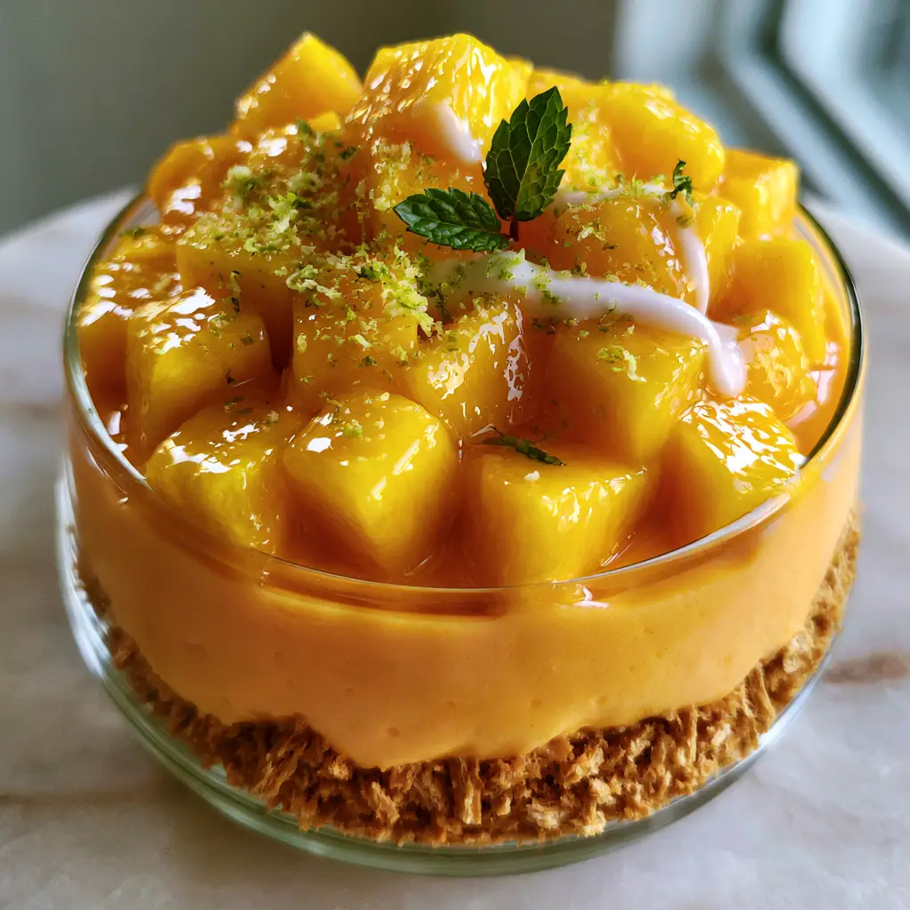 Top view of cubed yellow mangoes garnished with lime zest and mint on a thick mousse base. (mango dessert recipes)