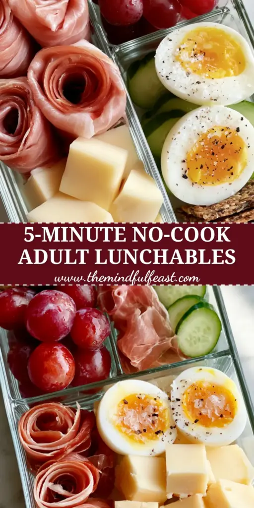 Adult Lunchable Ideas: The Ultimate Gourmet Charcuterie Bento Box 4 A professional glass bento box containing Adult Lunchable Ideas like prosciutto rosettes, jammy eggs, and sharp cheddar.