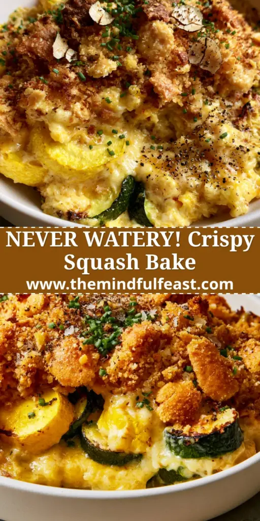 A scooped portion of Yellow Squash and Zucchini Casserole with charred vegetable rounds and a thick golden cracker topping in a white dish.