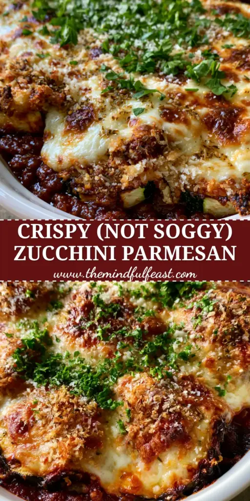 Baked Zucchini Parmesan Casserole with Crispy Panko Crust 4 A top-down view of a Baked Zucchini Parmesan Casserole in a white ceramic dish, featuring bubbly mozzarella, golden panko crust, and fresh parsley.