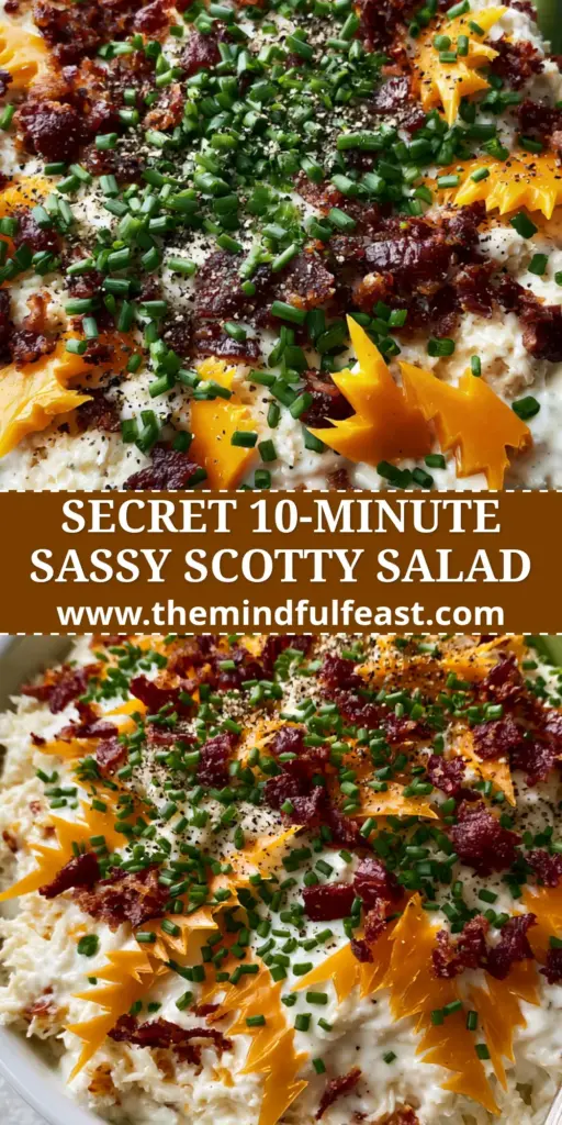 A top-down view of Sassy Scotty chicken salad in a white bowl topped with bacon, cheddar shards, and chives.