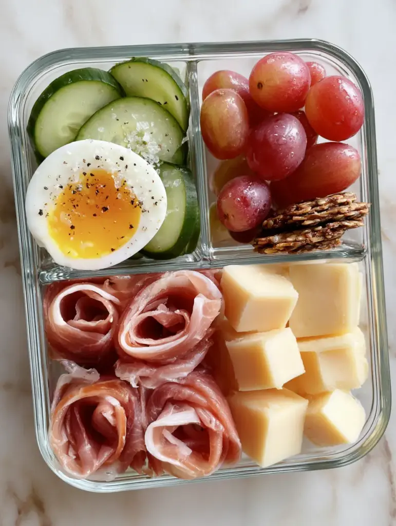 Adult Lunchable Ideas: The Ultimate Gourmet Charcuterie Bento Box 2 Top-down view of a glass bento box with prosciutto, jammy eggs with sea salt, and red grapes. (Adult Lunchable Ideas)