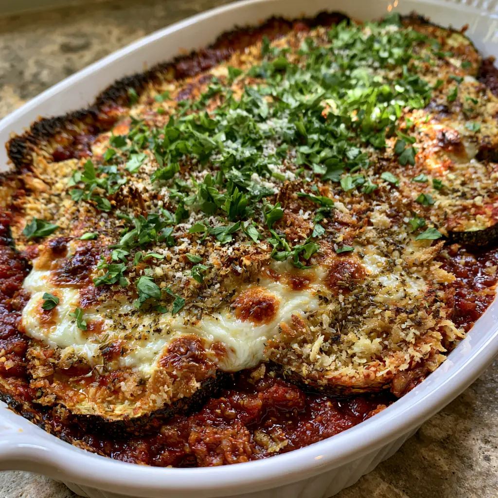Baked Zucchini Parmesan Casserole with Crispy Panko Crust 2 Smartphone photo of a Baked Zucchini Parmesan Casserole showing thick roasted zucchini rounds, chunky red marinara, and melted mozzarella with charred edges.