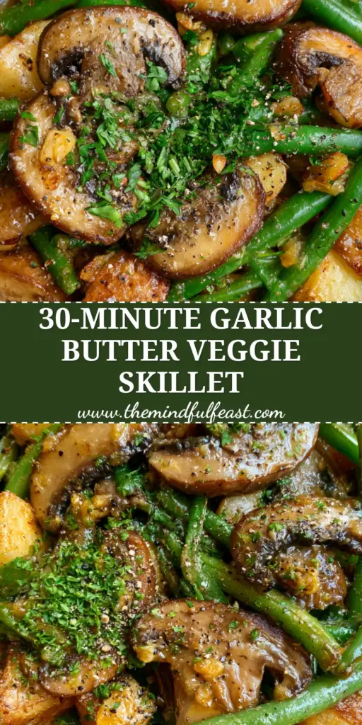 Potato Mushrooms Green Beans Skillet: The Ultimate Garlic Butter Side Dish 3 A rustic black cast iron skillet containing crispy golden potatoes, seared cremini mushrooms, and emerald green beans. (Potato Mushrooms Green Beans Skillet)