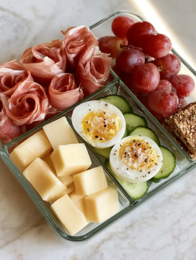 Adult Lunchable Ideas: The Ultimate Gourmet Charcuterie Bento Box 1 Close-up of jammy eggs and prosciutto rosettes in a glass meal prep container. (Adult Lunchable Ideas)