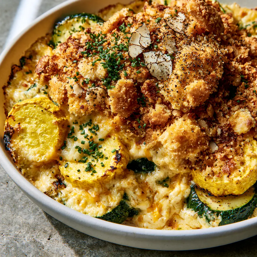 A scooped serving of the Yellow Squash and Zucchini Casserole on a grey stone countertop.