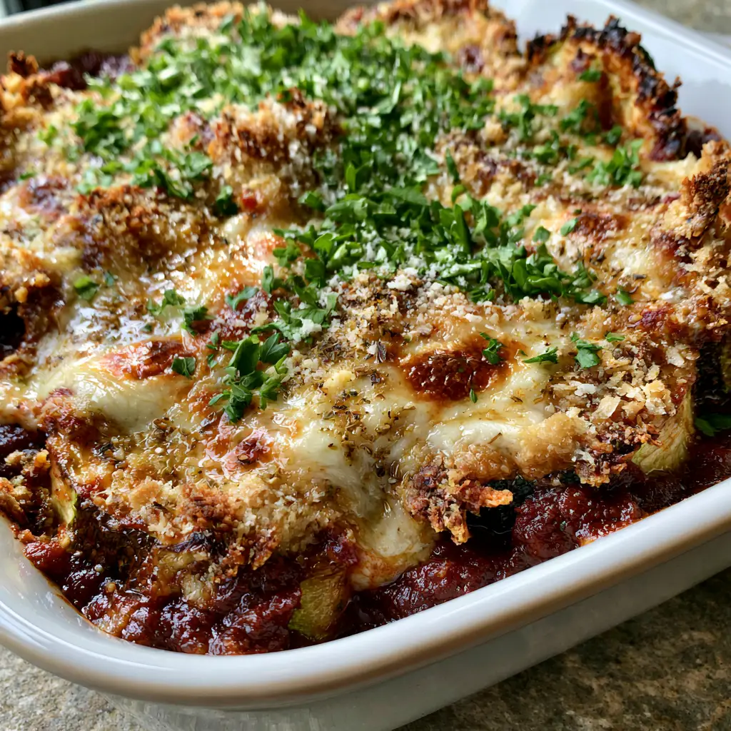 Baked Zucchini Parmesan Casserole with Crispy Panko Crust 1 Close-up of the crispy panko and parmesan crust on a Baked Zucchini Parmesan Casserole with visible flecks of Italian seasoning.