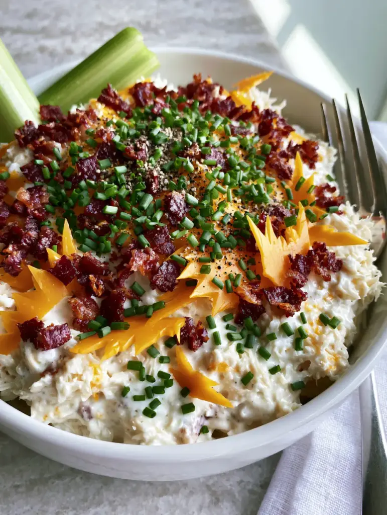 A bowl of Sassy Scotty chicken salad featuring orange cheddar shards and dark red bacon bits next to a celery stalk.