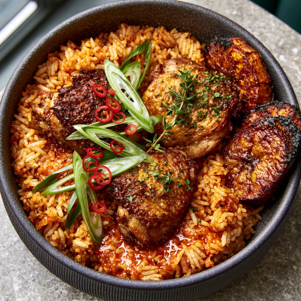 African Food Recipes: Authentic West African Jollof Rice with Seared Crispy Chicken 1 Top-down view of Jollof rice in a charcoal bowl with caramelized plantains and fresh thyme garnish. (African food recipes)