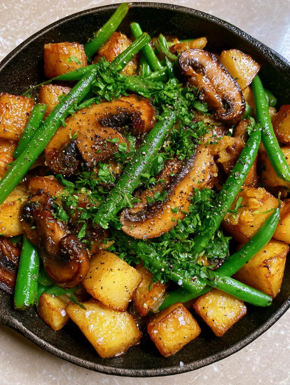 Potato Mushrooms Green Beans Skillet: The Ultimate Garlic Butter Side Dish 4 Top-down view of a Potato Mushrooms Green Beans Skillet featuring golden-brown Yukon Gold potatoes and seared mushrooms.