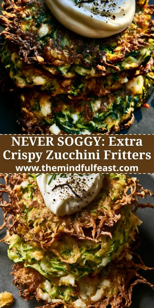 A stack of three crispy zucchini fritters on a charcoal plate with a dollop of Greek yogurt and chives. (Zucchini fritters recipe)