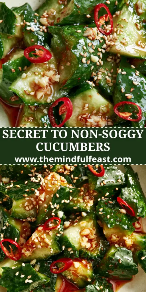 Cucumber Salad Recipe: Smashed Spicy Persian Cucumber Perfection 4 A stunning macro shot of a Cucumber Salad Recipe featuring smashed Persian cucumbers with jagged edges in a glossy red chili oil dressing, served in a cream stoneware bowl on an oak table.