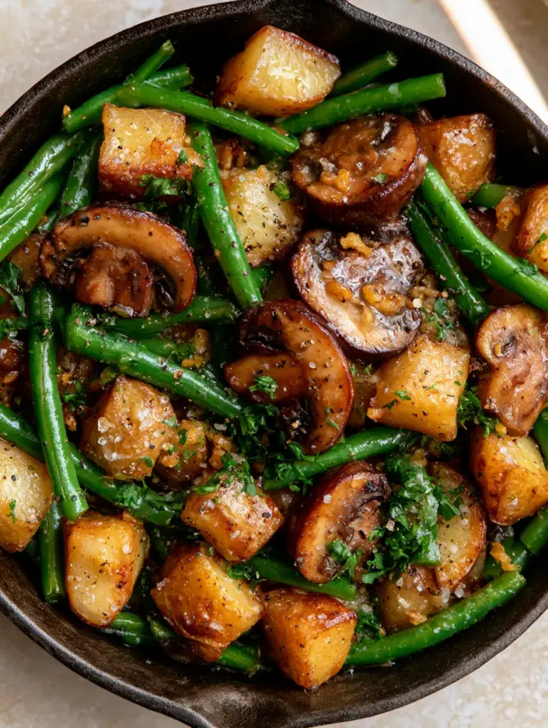 Potato Mushrooms Green Beans Skillet: The Ultimate Garlic Butter Side Dish 1 Close-up of glossy garlic butter coating green beans and mushrooms in a cast iron skillet. (Potato Mushrooms Green Beans Skillet)