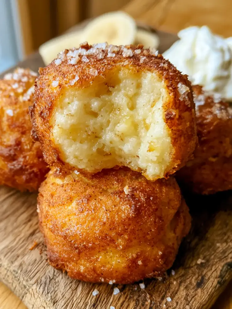 Bananen Quarkbällchen: The Ultimate Fluffy Air-Fried Banana Quark Donut Holes 1 Three golden banana quark balls on a rustic board with a dollop of fresh white quark in the background.