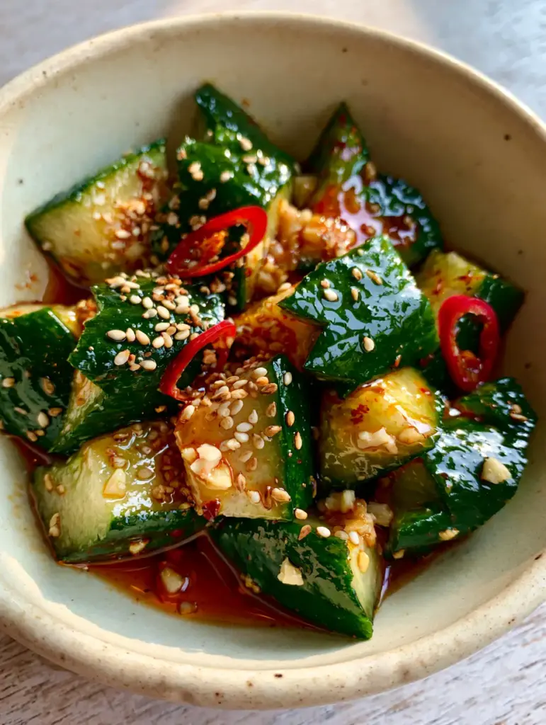 Cucumber Salad Recipe: Smashed Spicy Persian Cucumber Perfection 1 Close-up of a matte cream stoneware bowl filled with spicy smashed cucumbers, highlighting thin red chili rings and white sesame seeds. (Cucumber Salad Recipe)