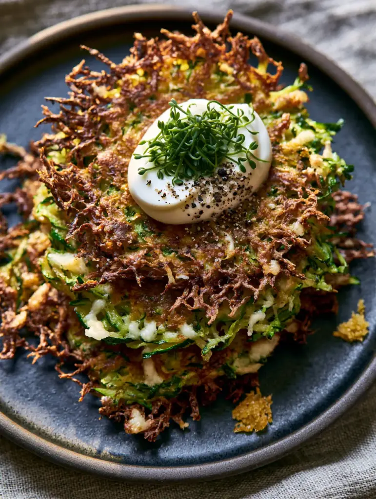 Top-down view of zucchini fritters topped with thick Greek yogurt and cracked black pepper. (Zucchini fritters recipe)