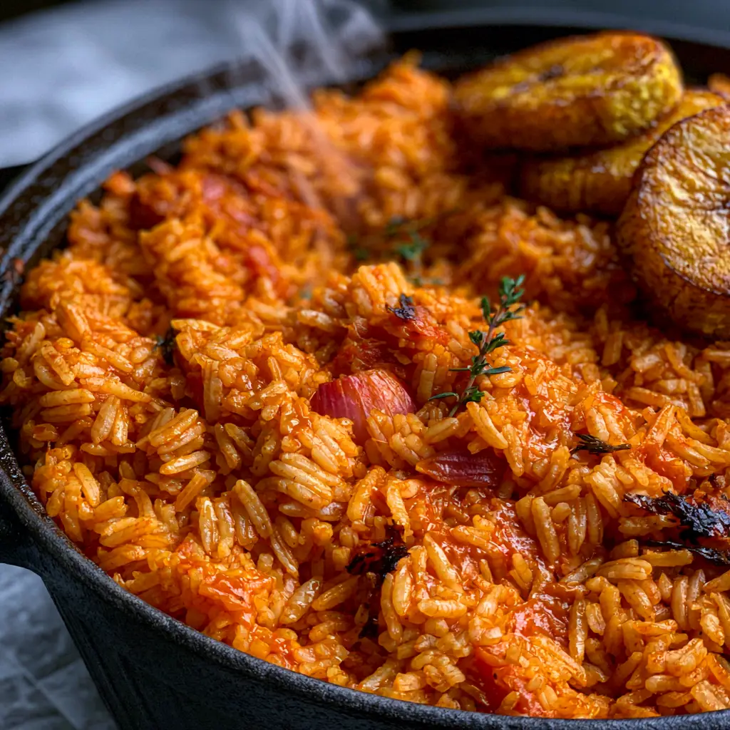 Eye-level view of a cast iron pot of Jollof rice with golden caramelized plantain slices on top.