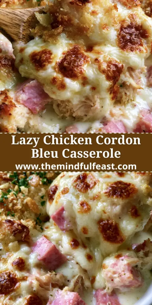 A close-up vertical shot of a Chicken Cordon Bleu casserole featuring a wooden spoon lifting a portion with a thick cheese pull, garnished with panko and parsley. (Chicken Cordon Bleu recipe)